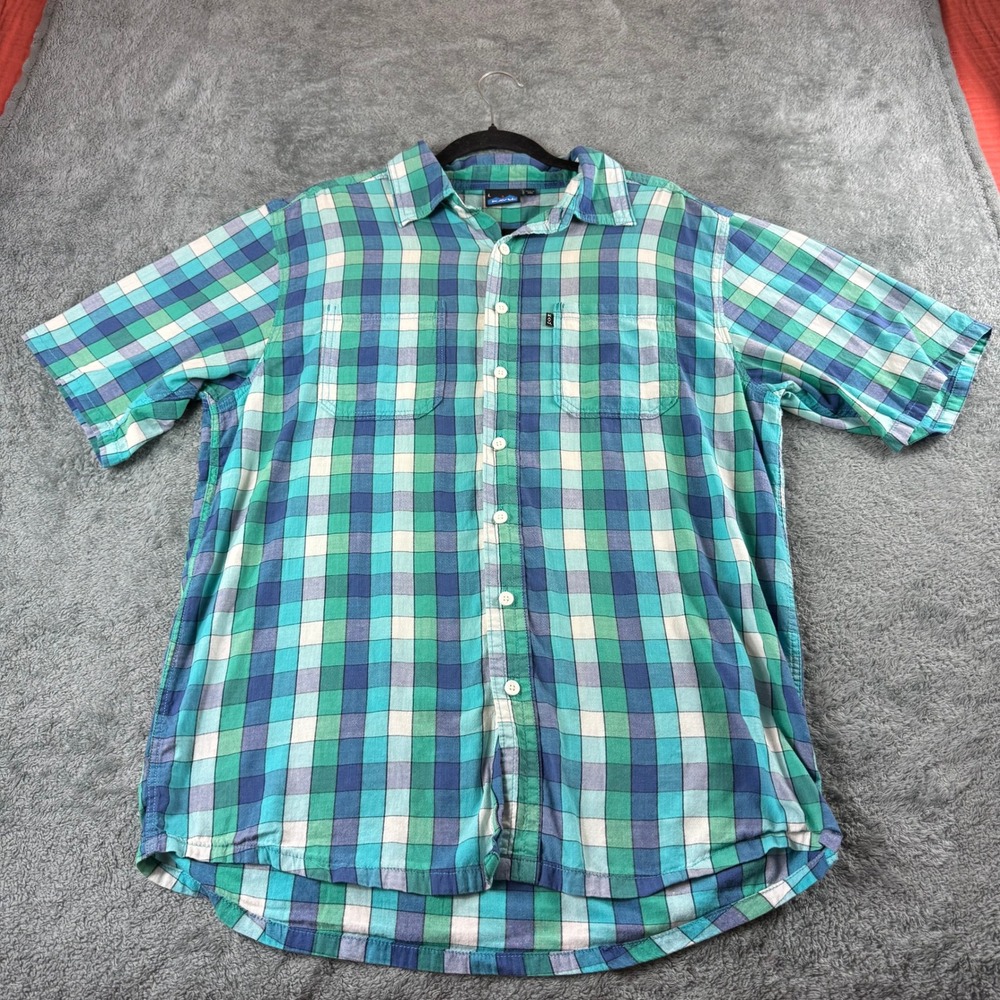 Kavu Mens Large Short Sleeve Button Down Shirt Plaid Teal Blue Green Cotton L